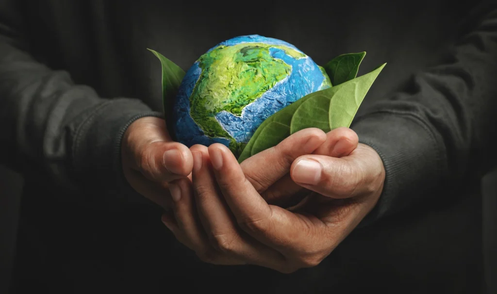 man holding the earth and with leaves in the middle