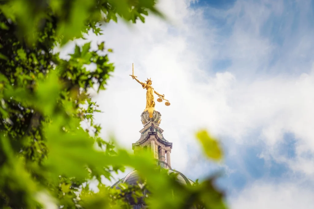 lady justice in the background with plants as foreground