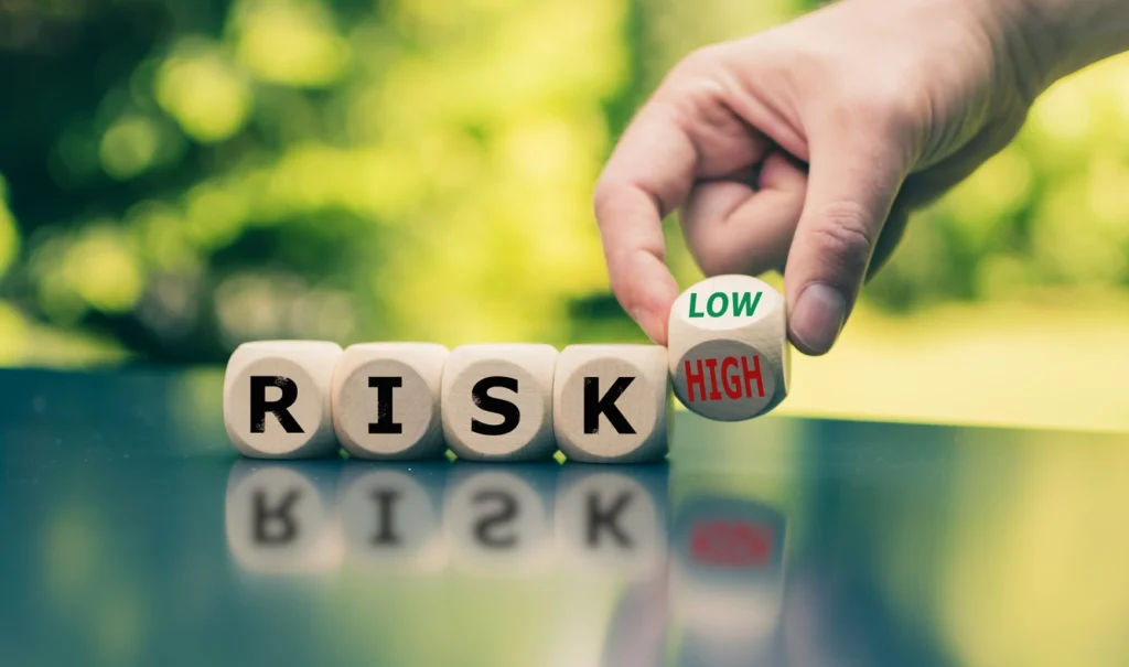 cubes with the words risk and the last one with low and high words in it
